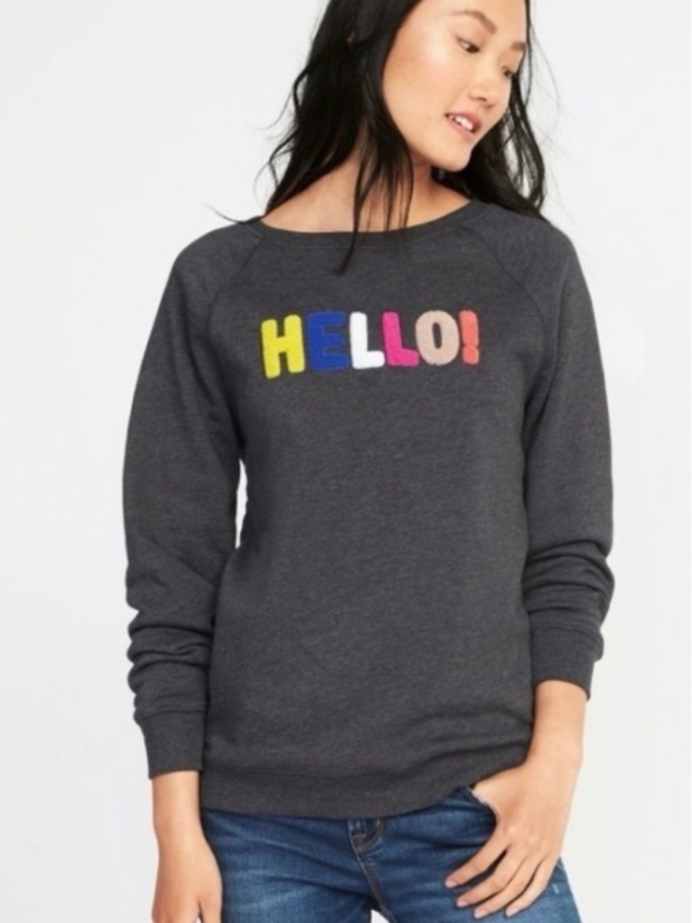 Old Navy HELLO Grey Crew Neck Sweatshirt